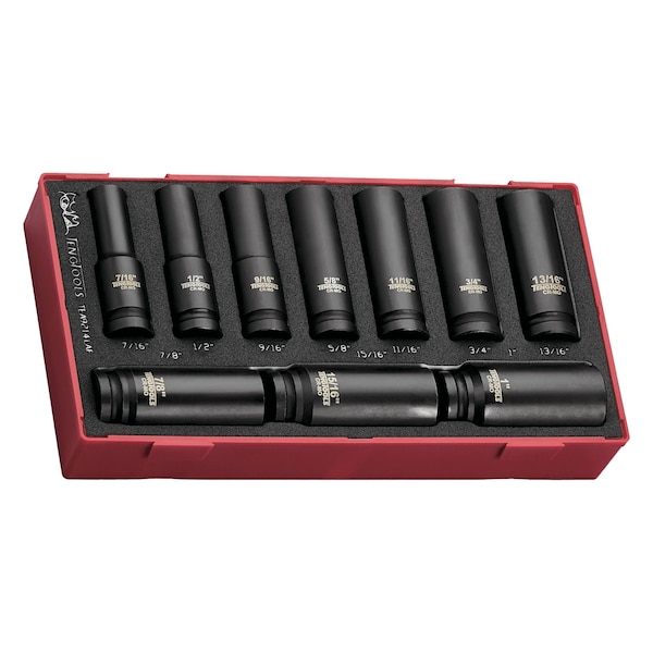 14 Piece 6 Point SAE Deep 1/2 Inch Drive Chrome Moly Impact EVA Foam Socket Set 7/16 Inch - 1 Inch